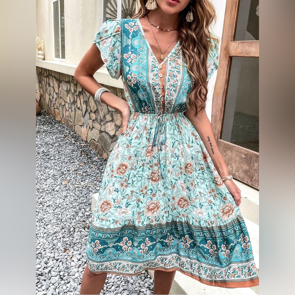 Floral Print Petal Sleeve Ruffle Hem Teal and Cream Dress - Picture 3 of 10